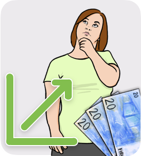 Group of illustrations of a woman thinking, a growing job curve and euro's banknotes